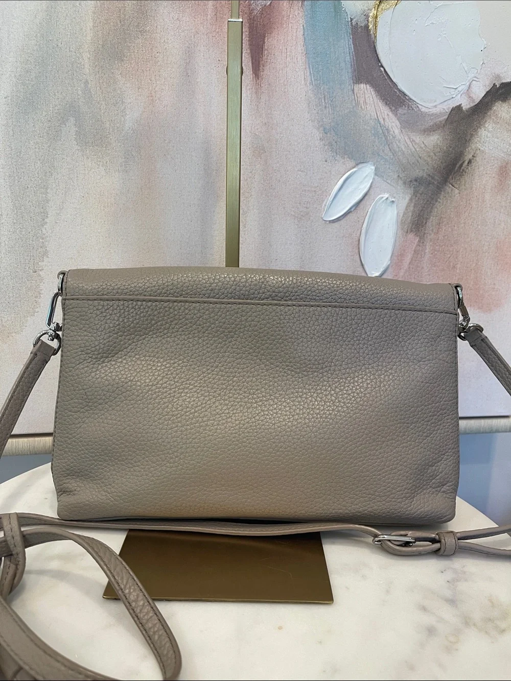 Tory Burch Foldover Pebbled Leather Crossbody in Turtle Dove (Gray)